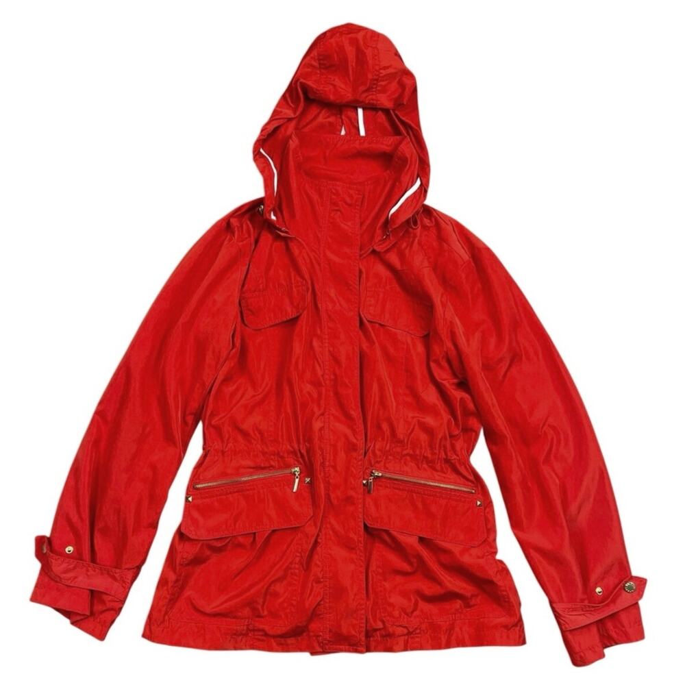British Khaki Red Hooded Utility Jacket Windbreaker Gold Hardware Size M